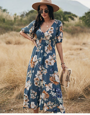 Floral V Neck Maxi Dresses (Blue) (S-XL)